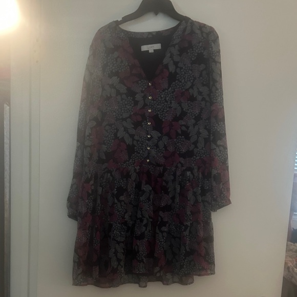 LOFT Navy and Pink Leaf Pattern dress - Picture 1 of 3